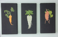 Root Vegetables Wall Art, 6" x 12", As a Set of 6 or Individual, Fabric on Board, Onion, Turnip, Beet, Yam, Carrot, Parsnip.